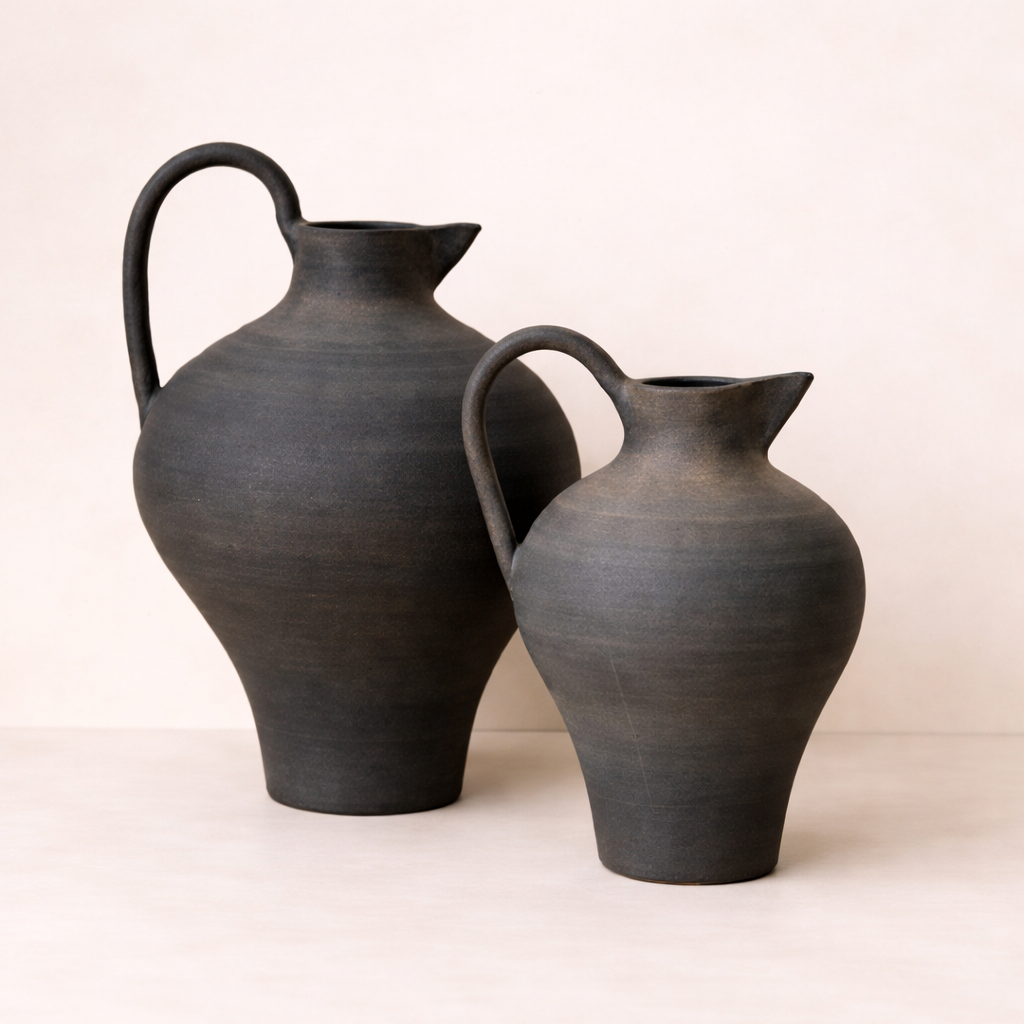 Two black ceramic jugs on a beige background