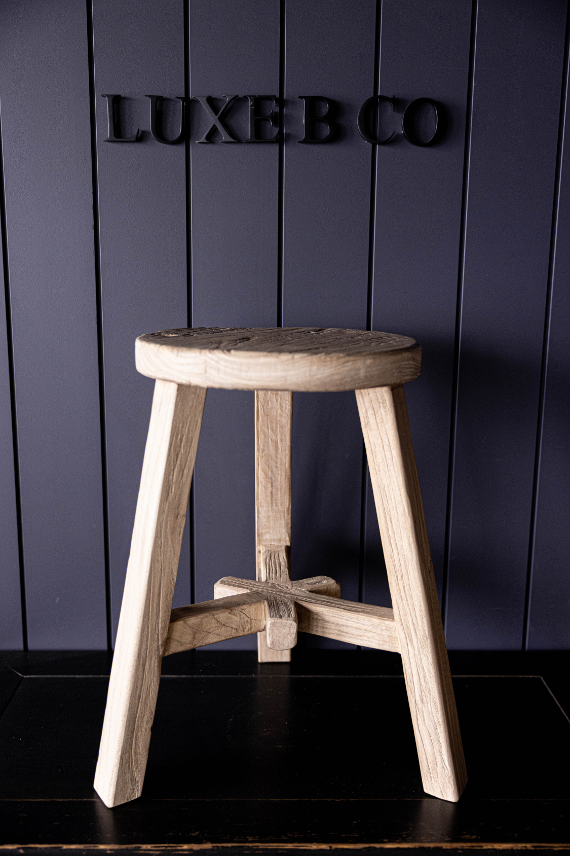 Vintage Reclaimed Elm Wood Round Stool - Luxe B Co