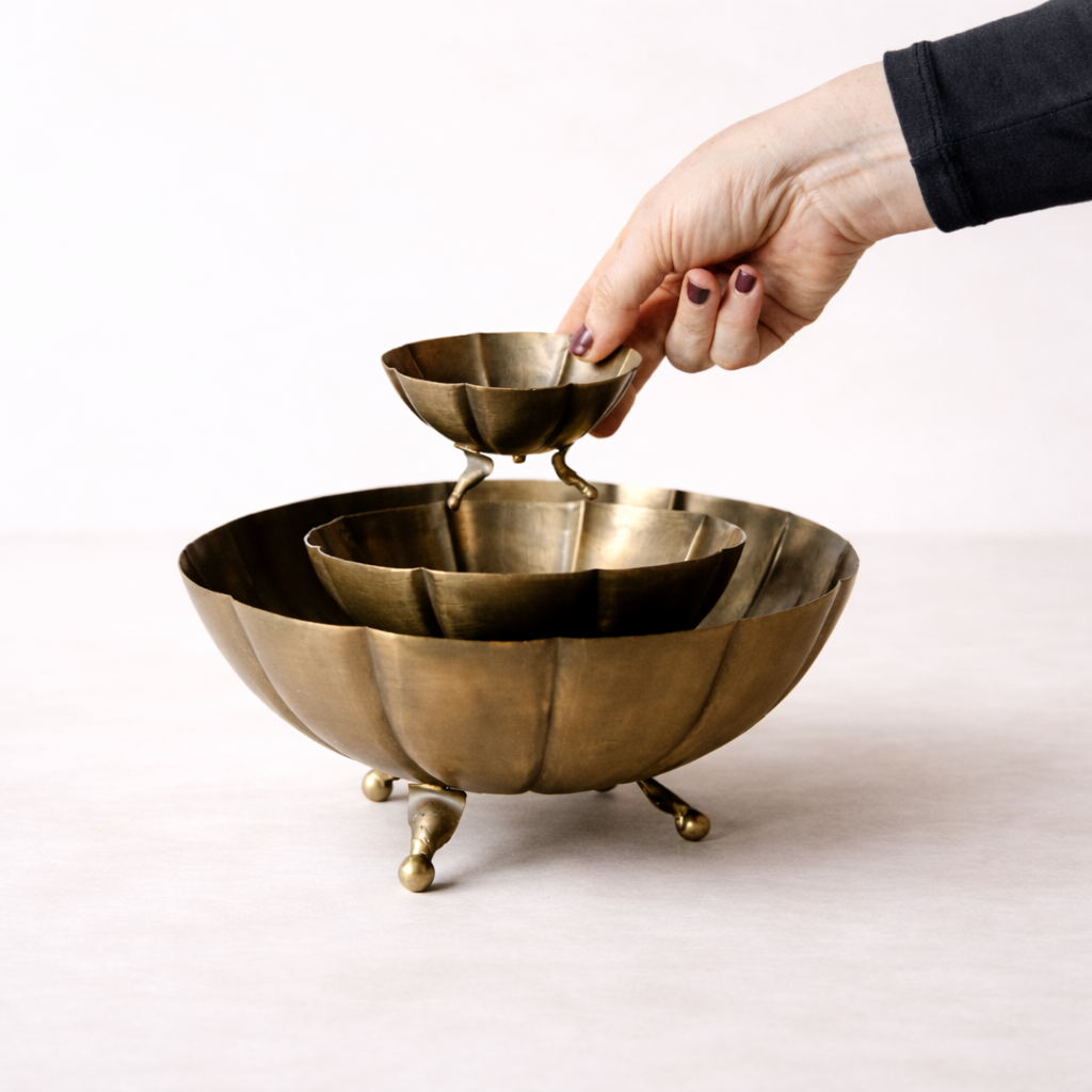 Vintage Inspired Brass Scalloped Footed Bowl Set of 3 | By Luxe B Co.