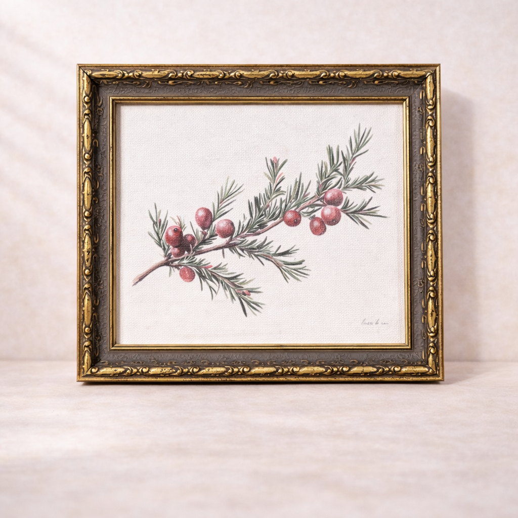 Red-berry mistletoe framed art with antique-inspired gold leaf crown, featuring detailed botanical illustration by Luxe B Co.