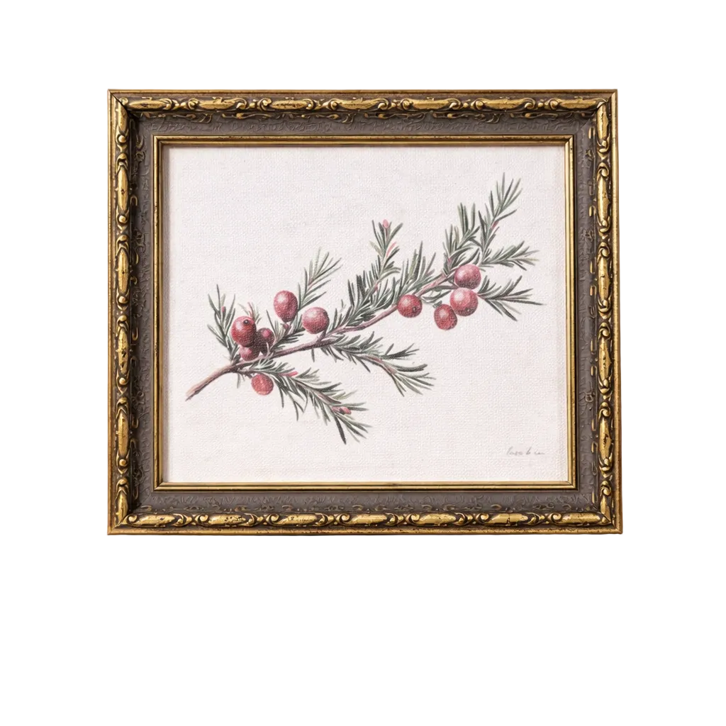 Red-Berry Mistletoe framed art by Luxe B Co featuring antique-inspired gold leaf crown in a decorative gold frame.