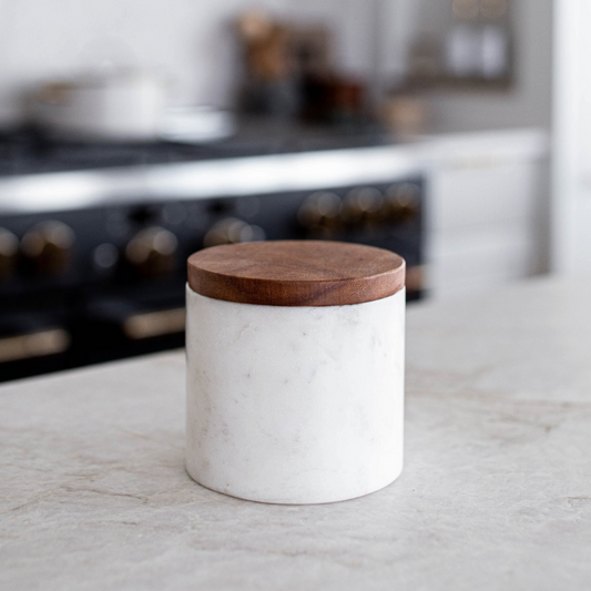 Stone Turned White Marble Jar With Acacia Wood Lid | By Luxe B Co. 