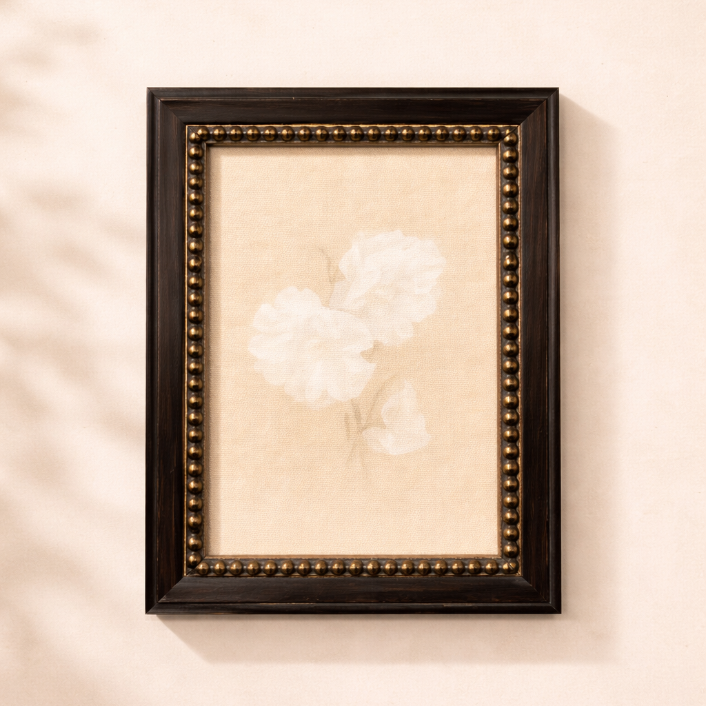 White carnation French beaded brass-inspired framed art by Luxe B Co, featuring elegant floral design in a decorative frame.