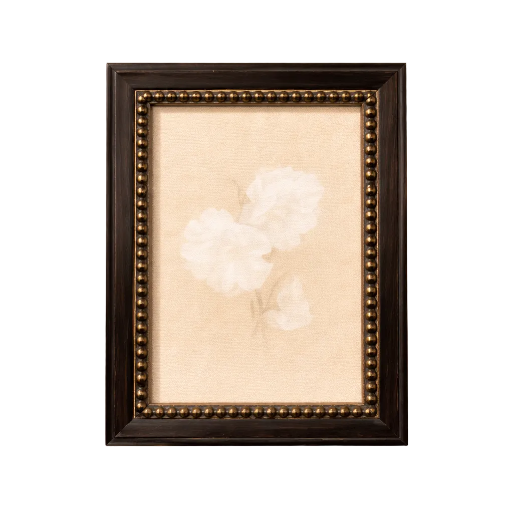 White carnation framed art with French beaded brass-inspired design by Luxe B Co, elegant floral wall decor.