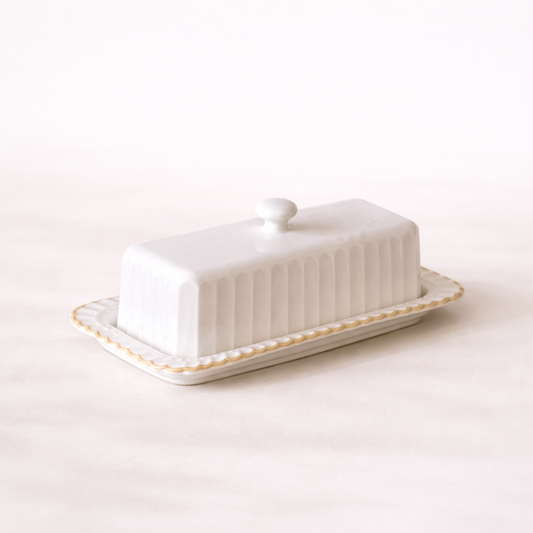 White Ceramic Striped Butter Dish | By Luxe B Co. 
