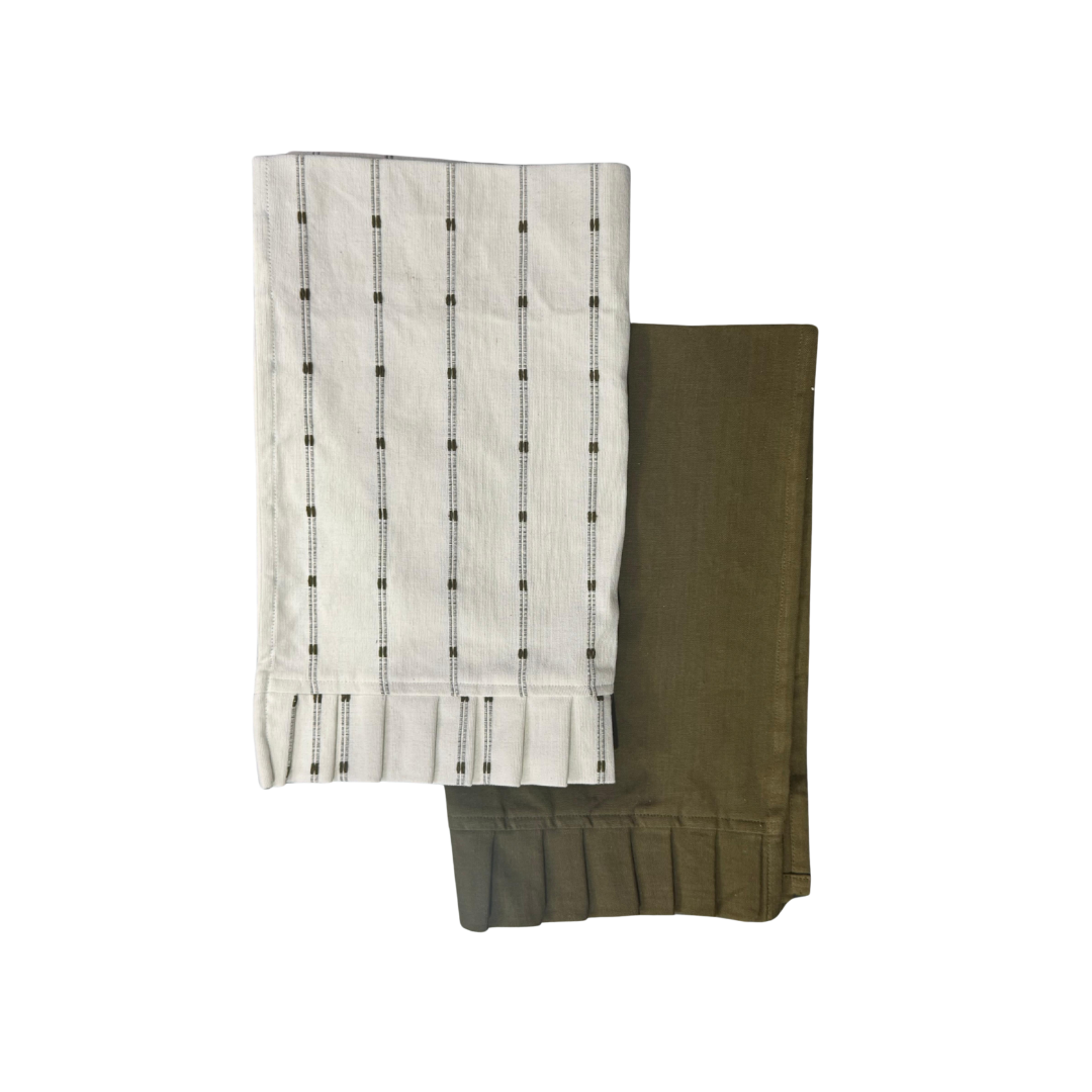 White Embroidery Olive Green Stripes Ruffle Kitchen Dish Towel | By Luxe B Co.