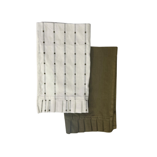 White Embroidery Olive Green Stripes Ruffle Kitchen Dish Towel | By Luxe B Co.