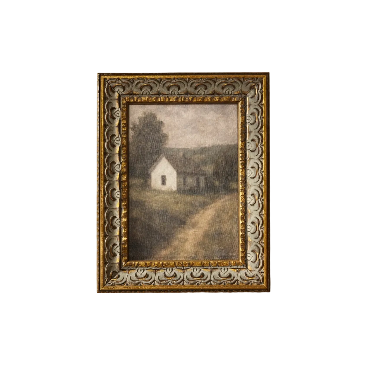 White Farmhouse | Antique Inspired Gold Leaf Crowned Framed Art By Luxe B Co.