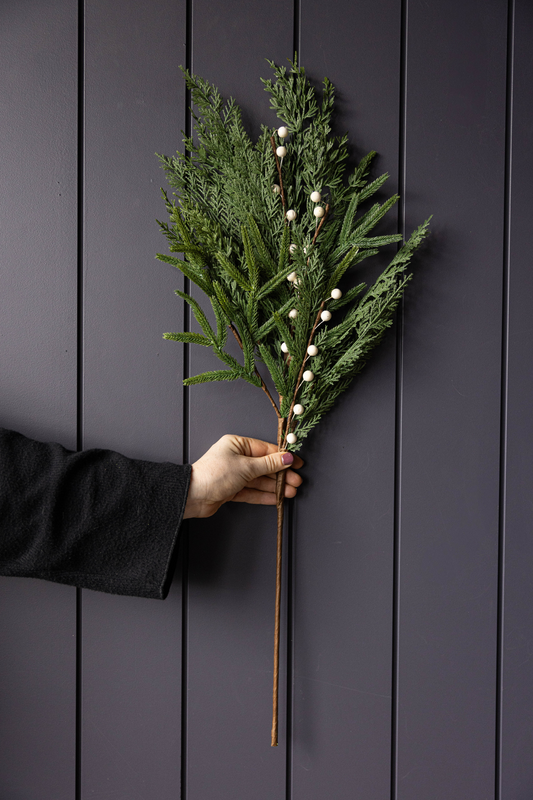 White Plum Berry Norfolk Cypress Touch Green Faux Stem | By Luxe B Co.