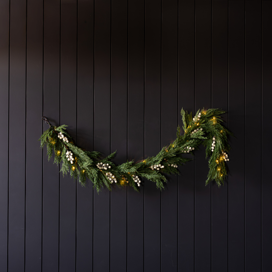 White Plum Frosted Berry Norfolk Cypress Christmas garland by Luxe B Co, realistic touch, 6-foot length, festive holiday decoration.