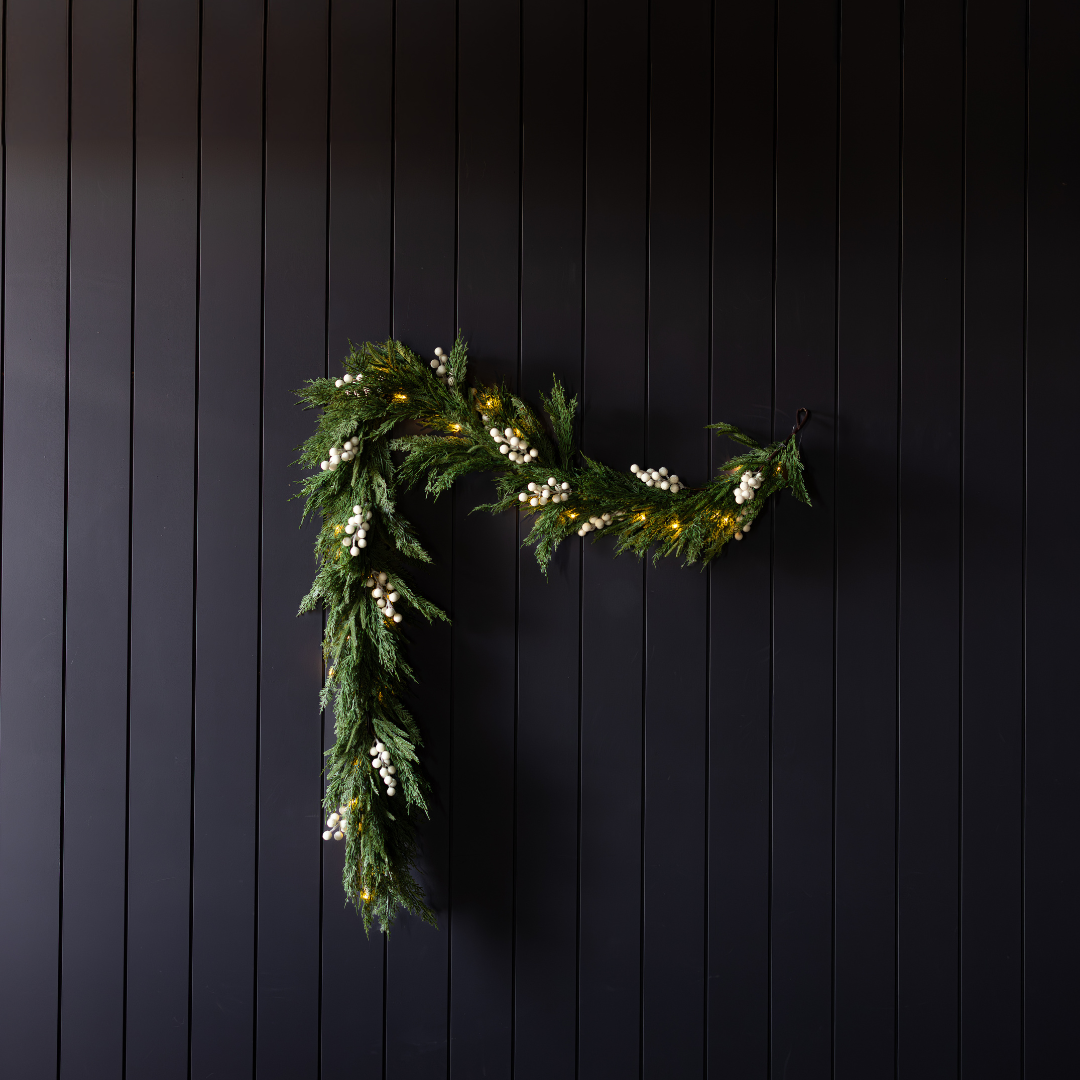 White Plum Frosted Berry Norfolk Cypress Real Touch Christmas Garland by Luxe B Co, 6 ft, featuring realistic white plums and frosted berries.
