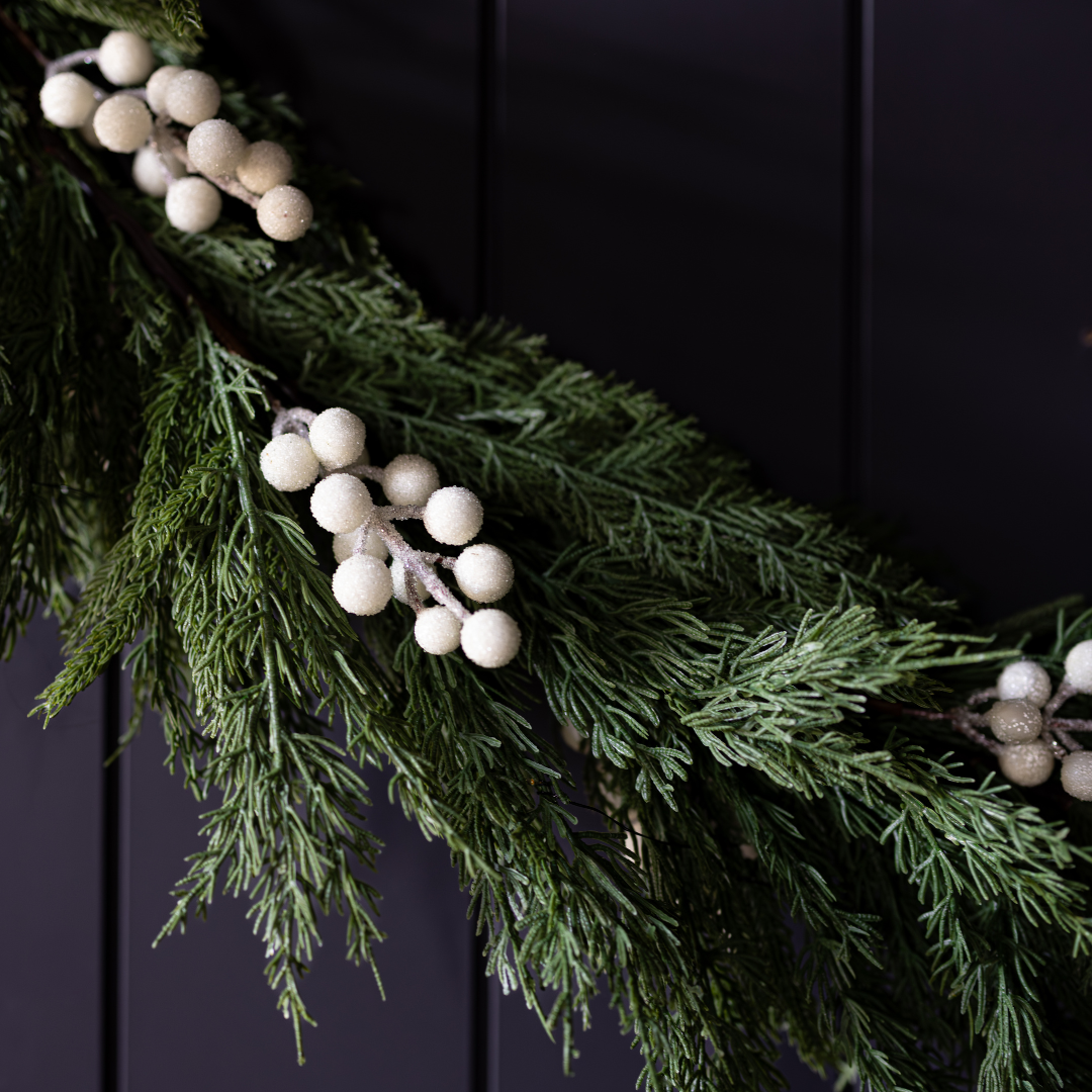 White Plum Frosted Berry Norfolk Cypress Christmas garland by Luxe B Co, 6 ft, featuring realistic touch foliage and frosted berry accents.