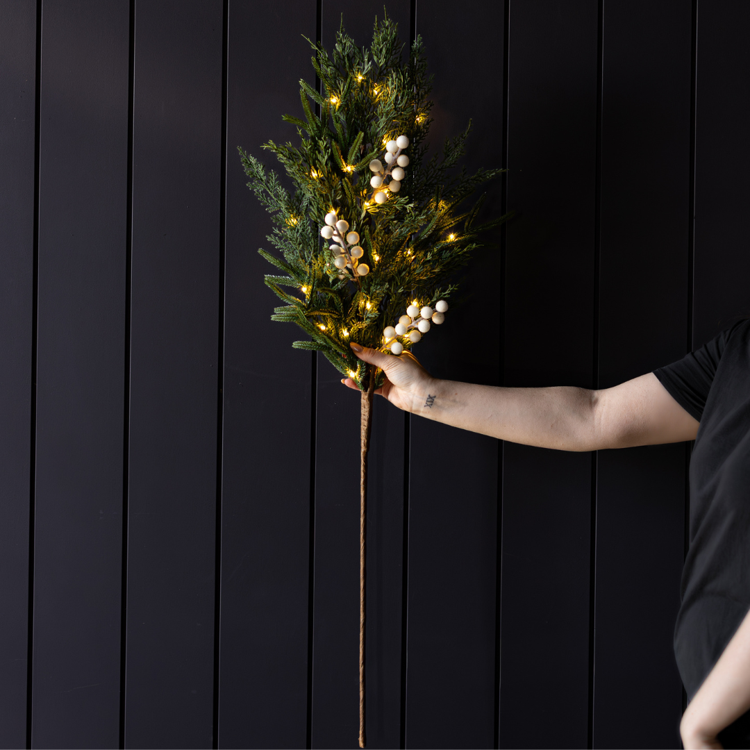 White plum and frosted berry Norfolk cypress real touch stems from Luxe B Co, showcasing realistic foliage and decorative accents.