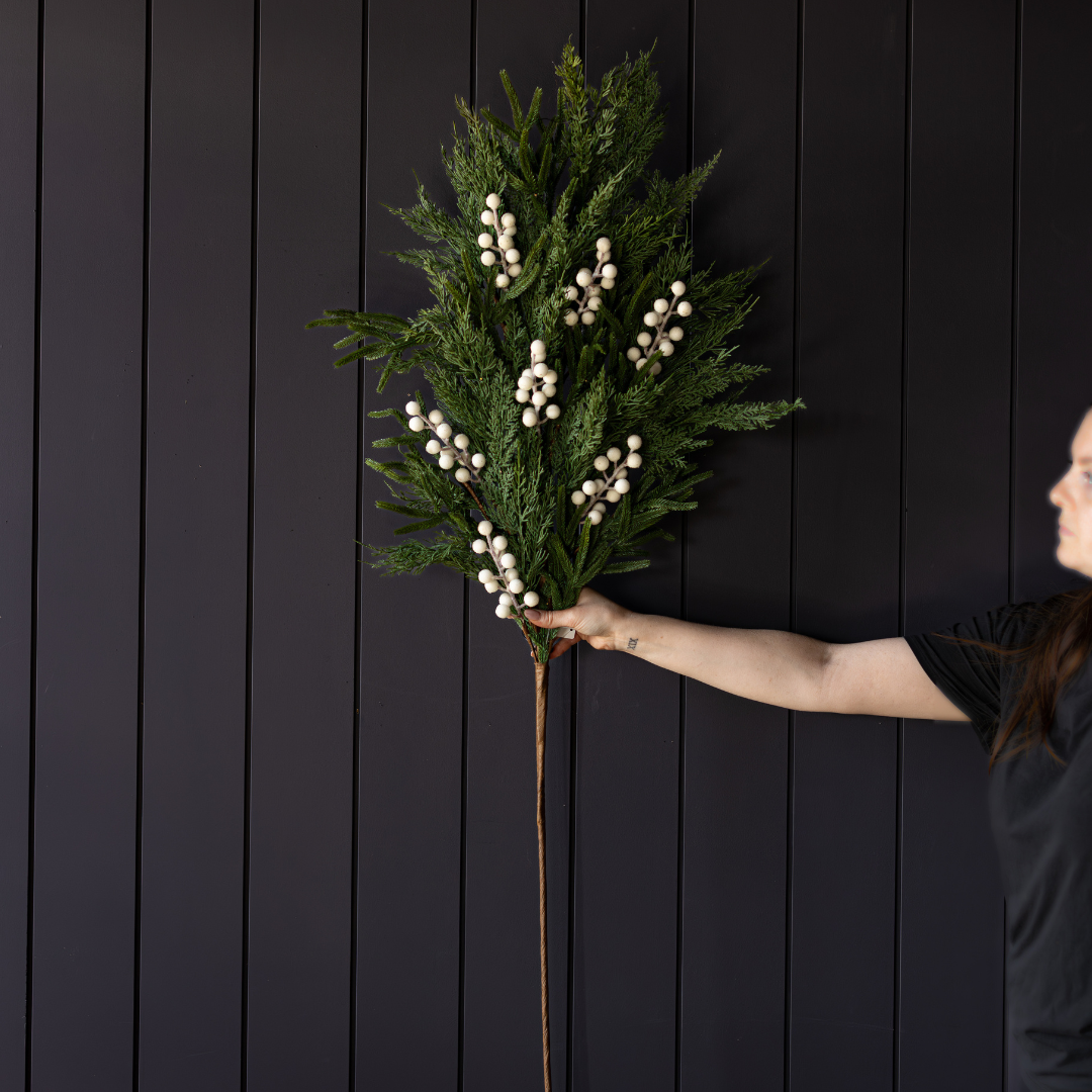White plum frosted berry and Norfolk cypress real touch stems by Luxe B Co, showcasing realistic textured foliage and frosted finish.