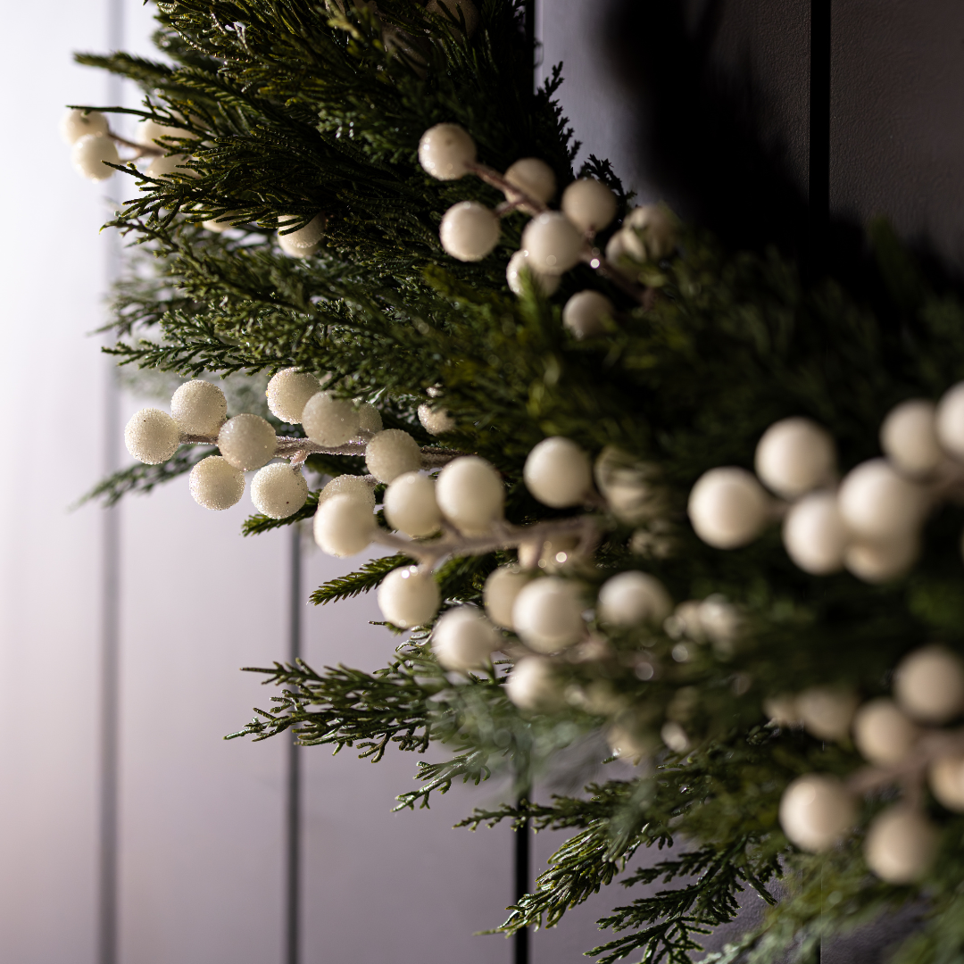 White Plum Frosted Berry Norfolk Cypress real touch wreath, 34-inch, featuring white plums, frosted berries, and Norfolk cypress branches.
