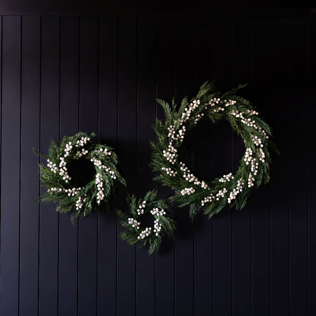 White Plum Frosted Berry Norfolk Cypress real touch wreath, 34 inches, featuring white plums, berries, and greenery for elegant decor.