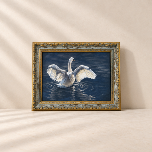 White Swan | Antique Inspired Gold Leaf Crowned Framed Art By Luxe B Co. 