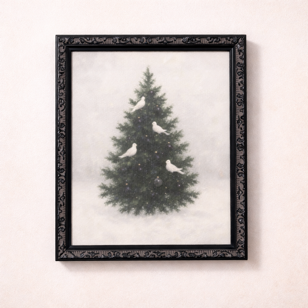 White Tree Doves framed art by Luxe B Co featuring antique-inspired design with black moulded frame, perfect for elegant wall decor.