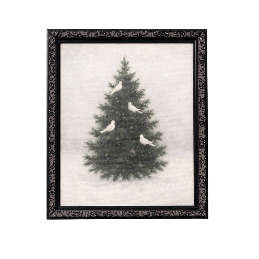 White Tree Doves antique-inspired black mould framed art by Luxe B Co, featuring elegant dove illustrations on a black frame.
