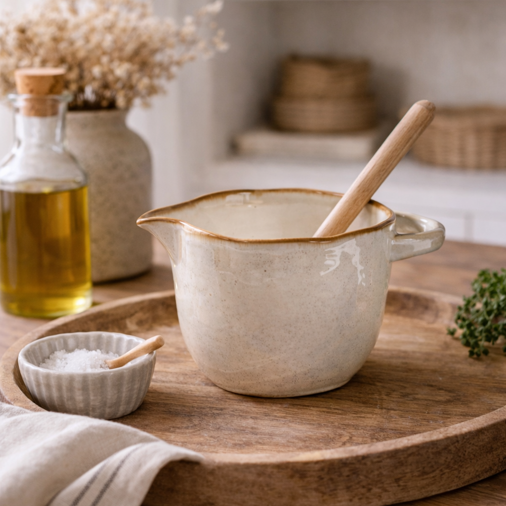 White ceramic bowl with wooden spoon on a wooden tray, surrounded by kitchen items.