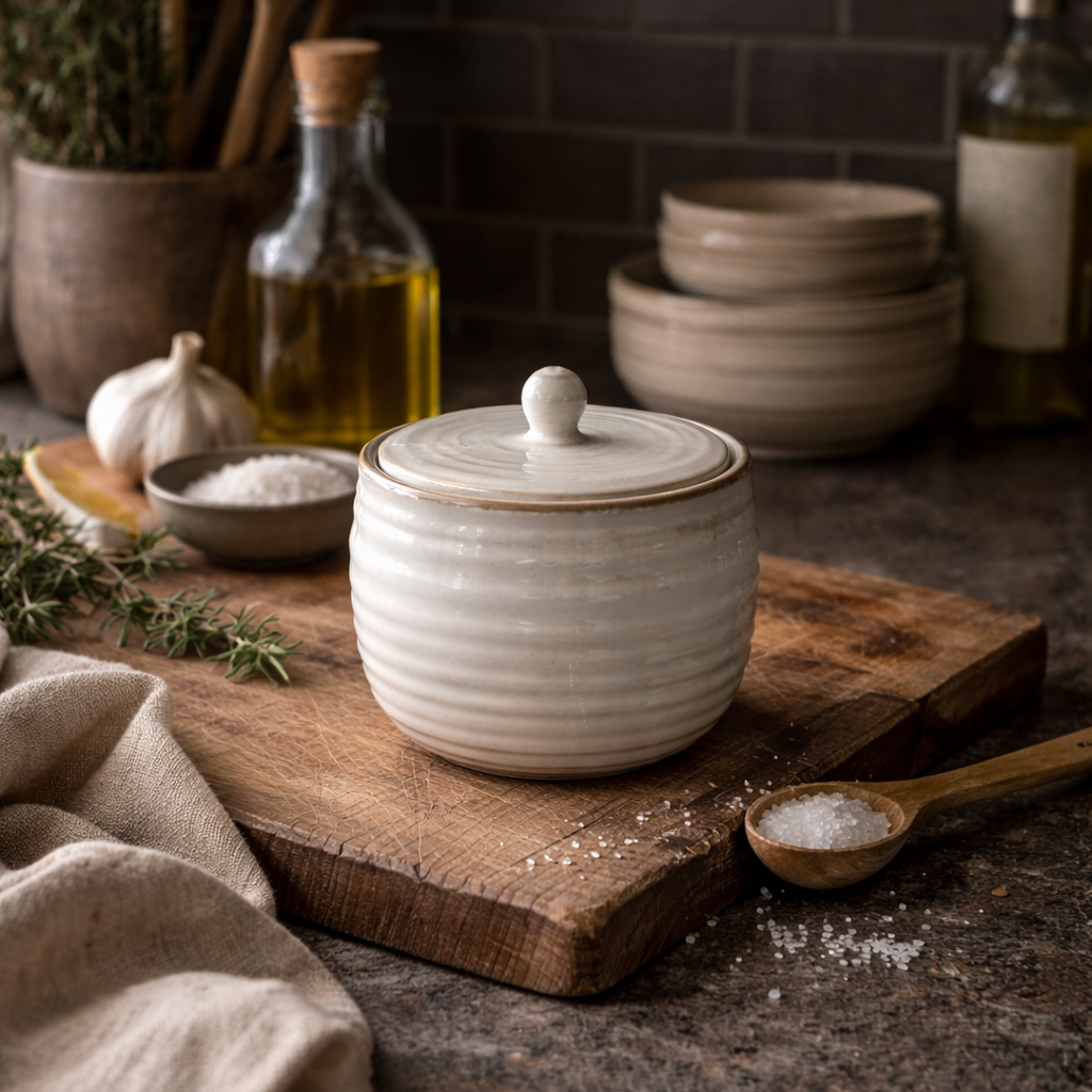 White ceramic jar with a lid on a wooden cutting board in a kitchen setting.