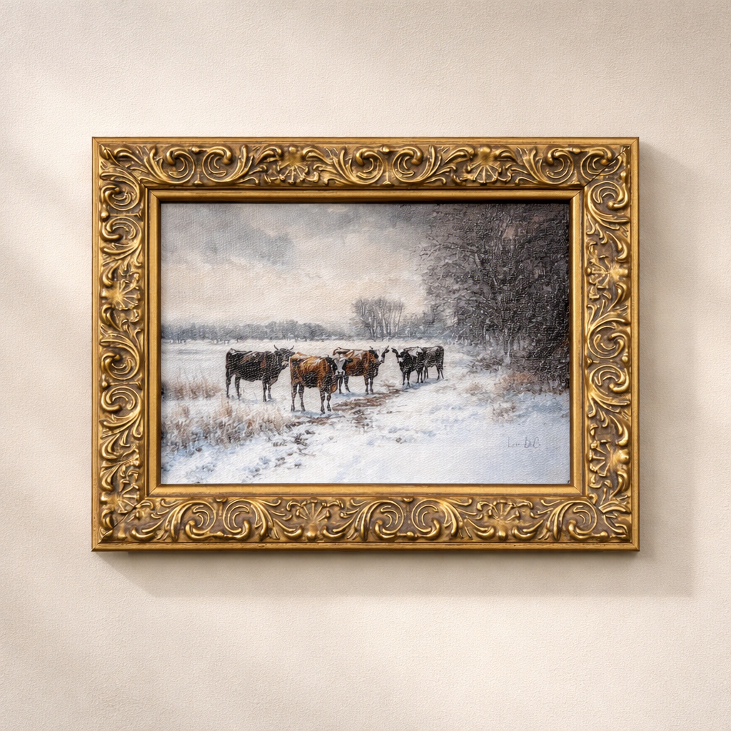 Antique-inspired brass framed art featuring winter cattle scene, vintage-style rustic decor by Luxe B Co.