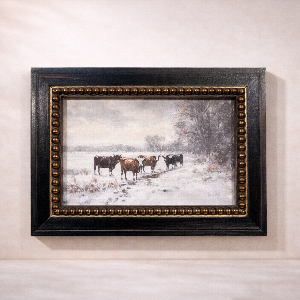 Framed art featuring winter cattle with French beaded brass-inspired design by Luxe B Co.