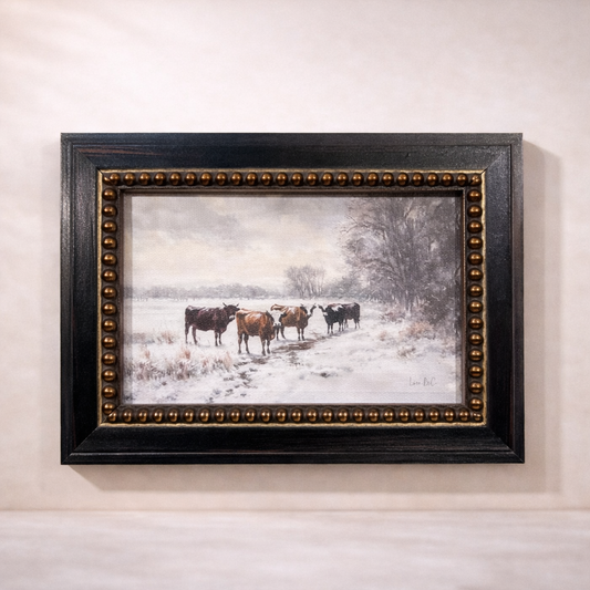 Framed art featuring winter cattle with French beaded brass-inspired design by Luxe B Co.