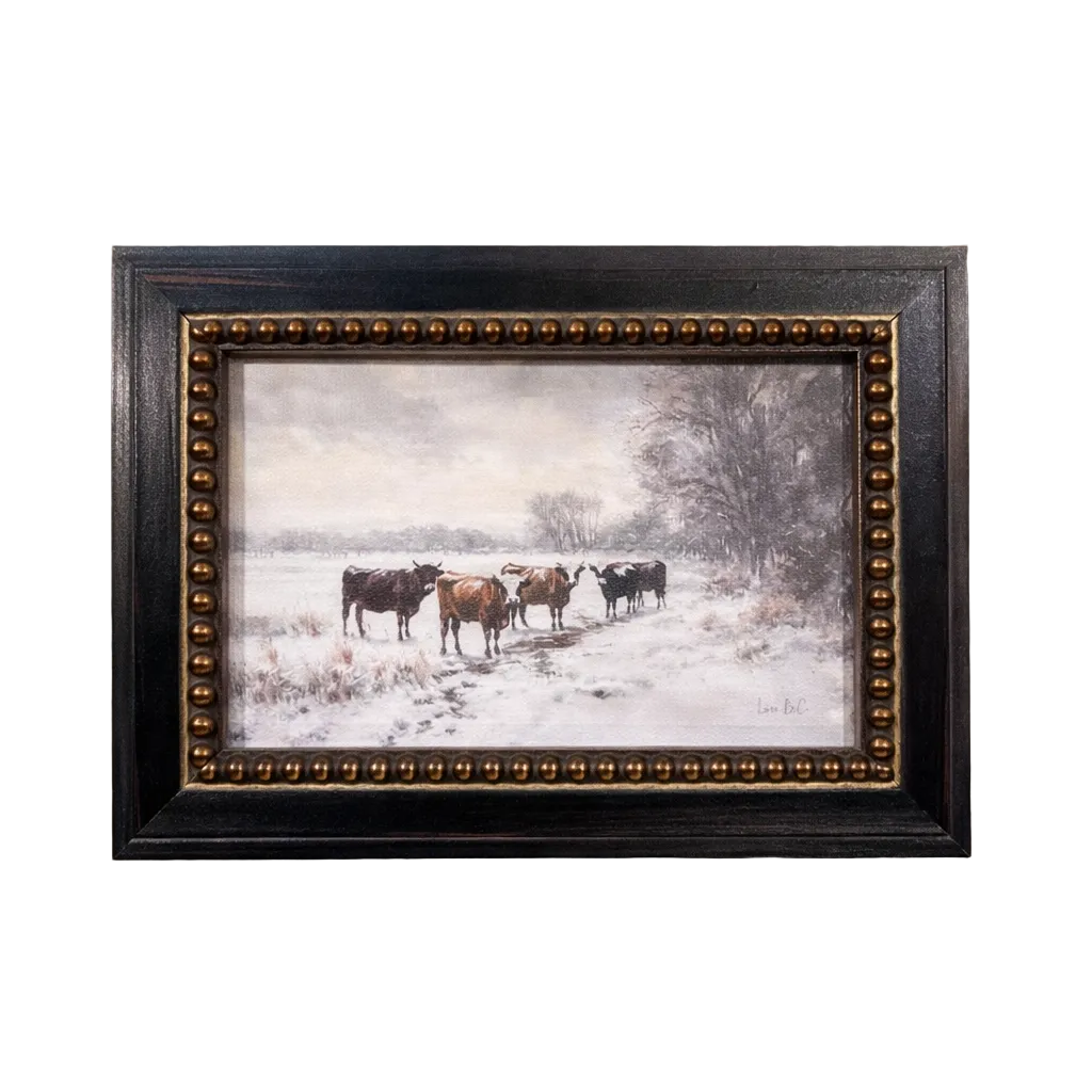 Framed art of winter cattle featuring French beaded brass-inspired design by Luxe B Co, showcasing rustic animal artwork.