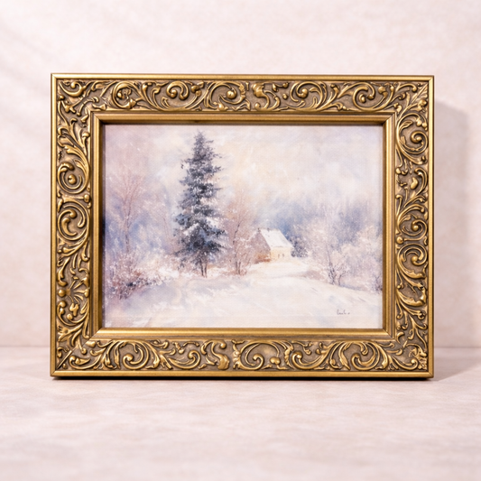 Antique-inspired brass framed winter landscape art by Luxe B Co, showcasing a serene winter scene with vintage details.