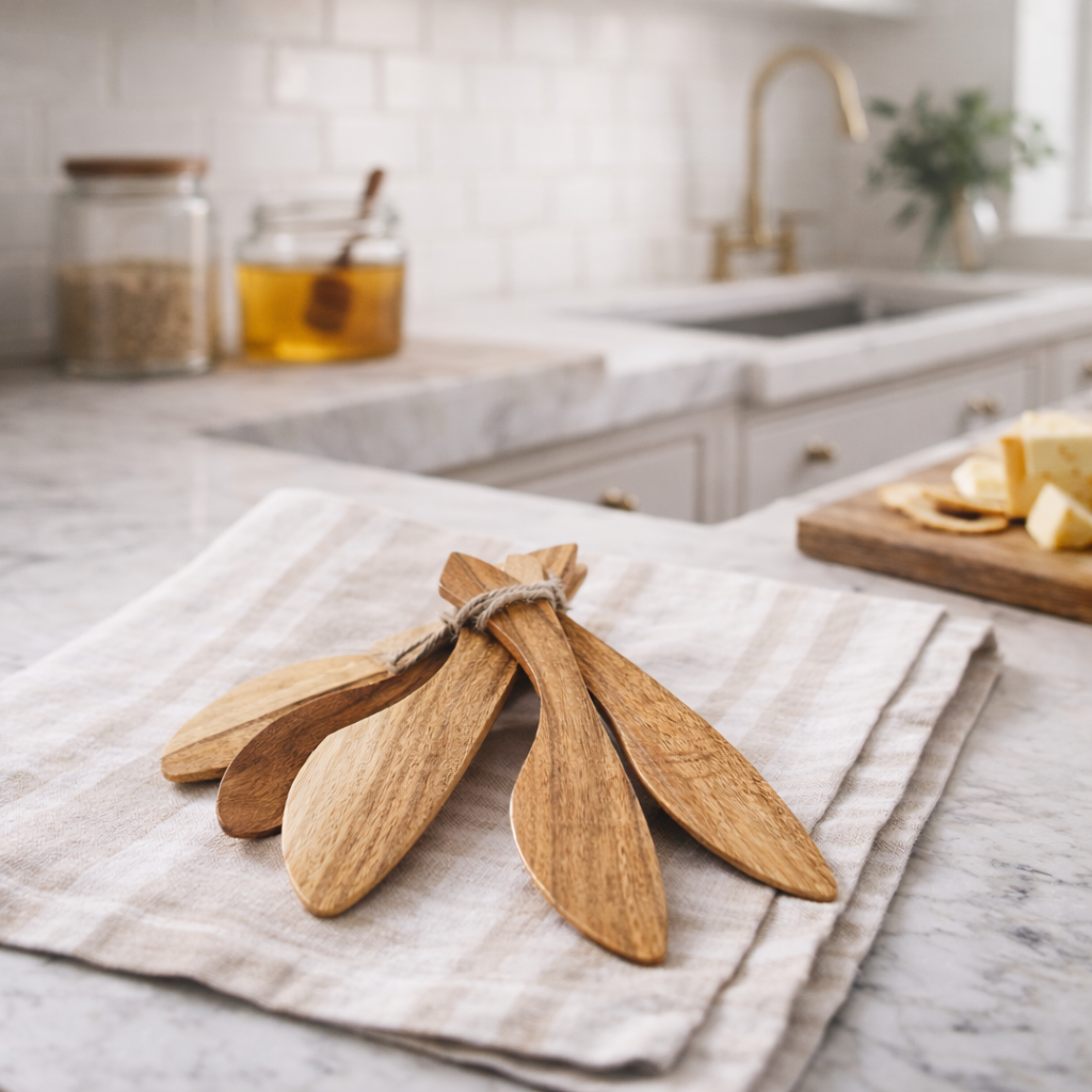 Wooden spatulas tied with twine on a kitchen towel with a kitchen background