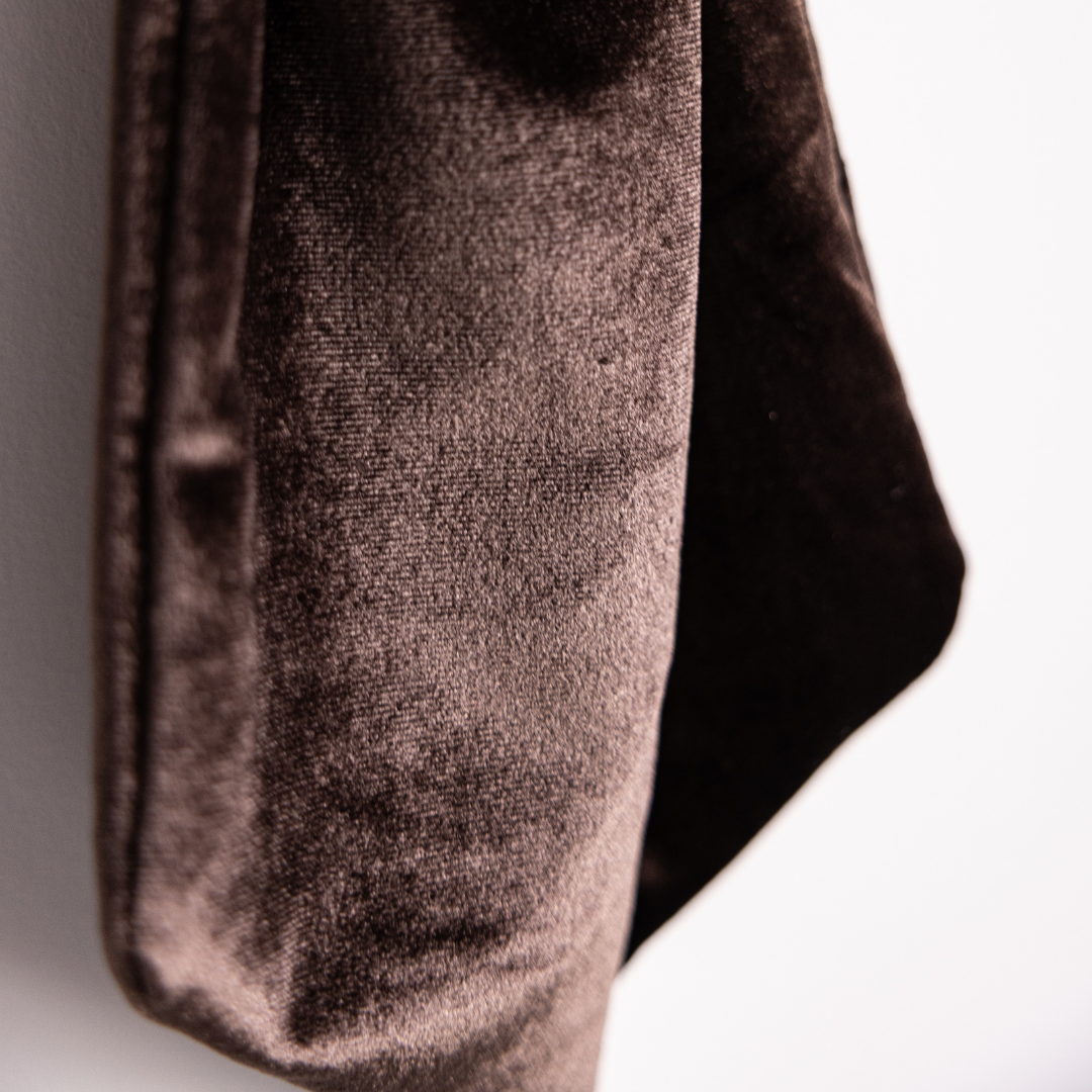 Close-up of Luxe B Co brown velvet fabric bows showing soft texture and elegant design. Perfect for accessories and gift decorations.