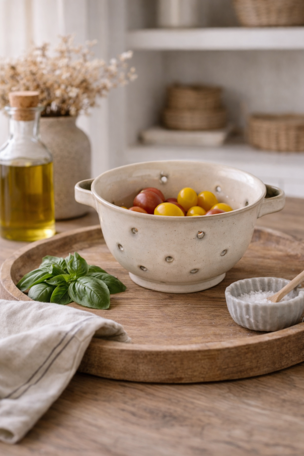 Kitchen scene with a colander containing fruits on a wooden tray.