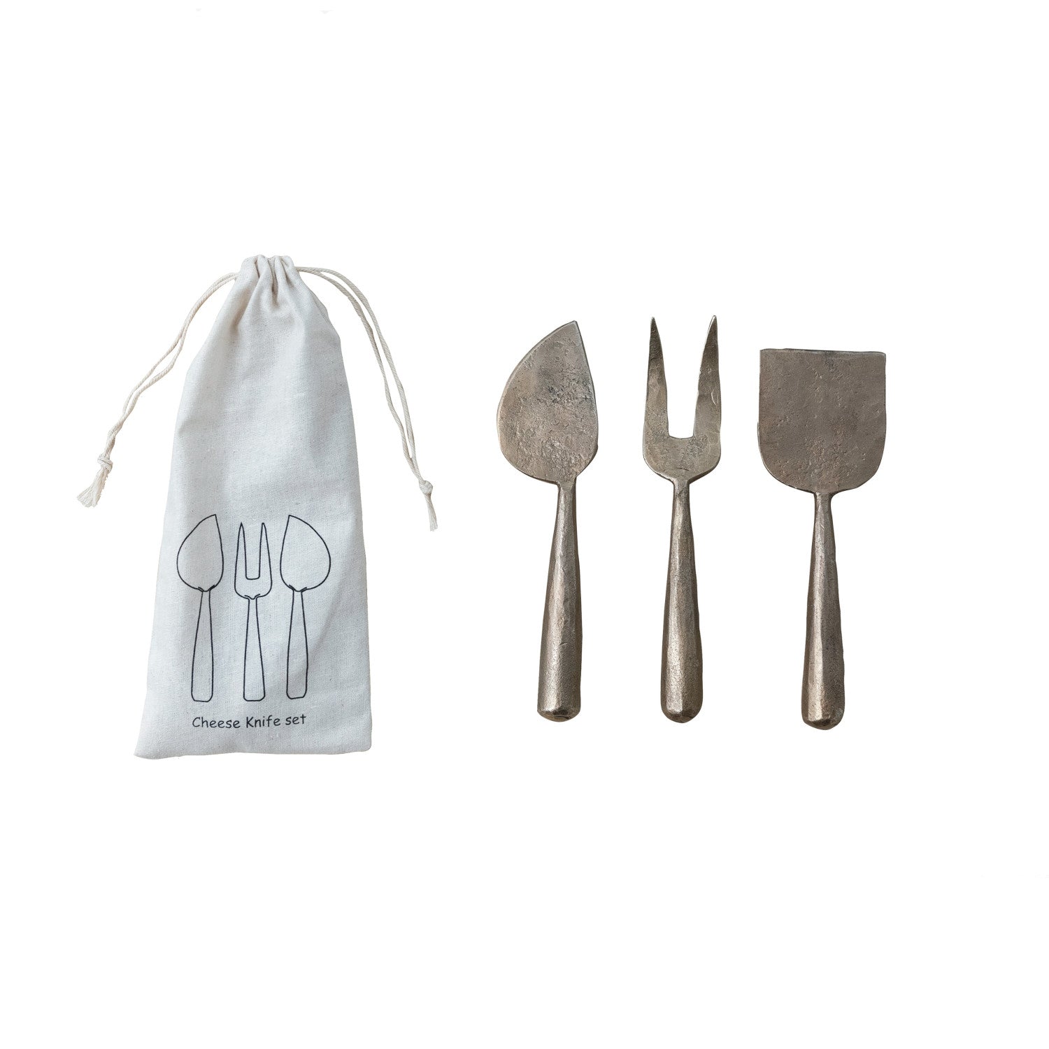 Set of three hand-forged metal cheese servers from Creative Co-op, featuring rustic serveware with wooden handles.