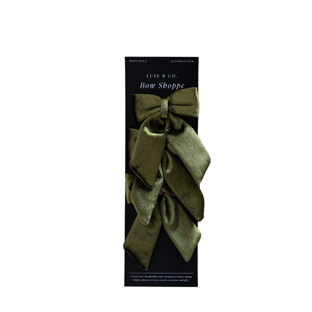 Set of Chartreuse velvet mini fabric bows with clips from Luxe B Co, perfect for holiday or decorative hair accessories.