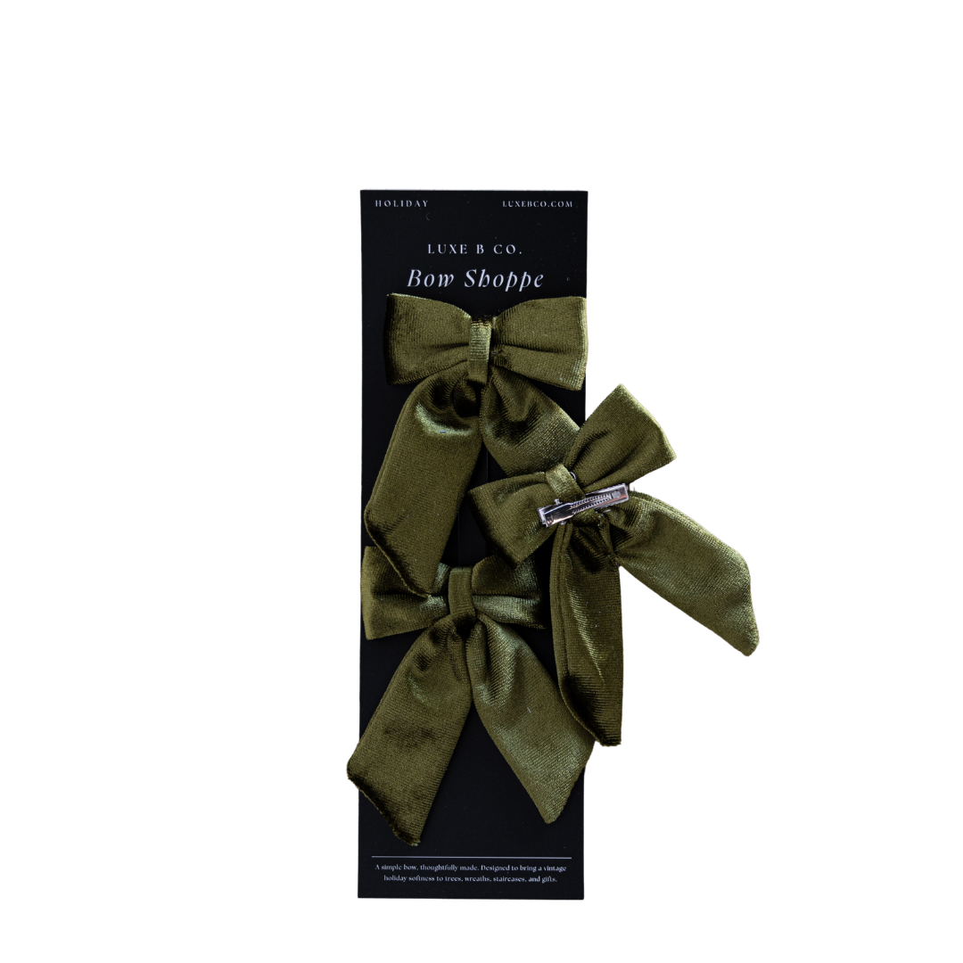 Set of chartreuse velvet mini fabric bows with clips, perfect for holiday or decorative use by Luxe B Co.