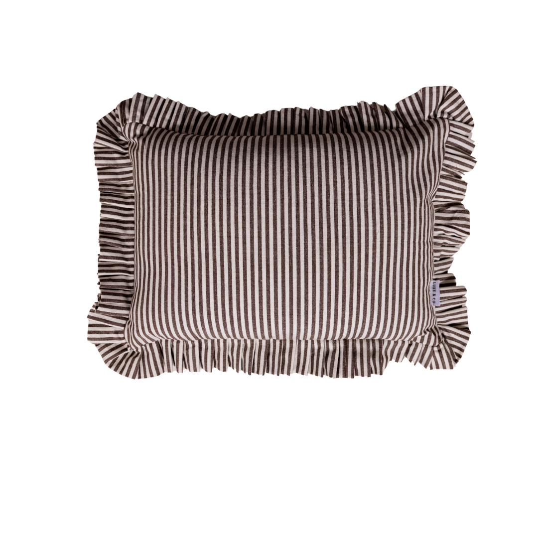 Ruffle Lumbar Pillow Cover Brown White Stripes - Luxe B Co