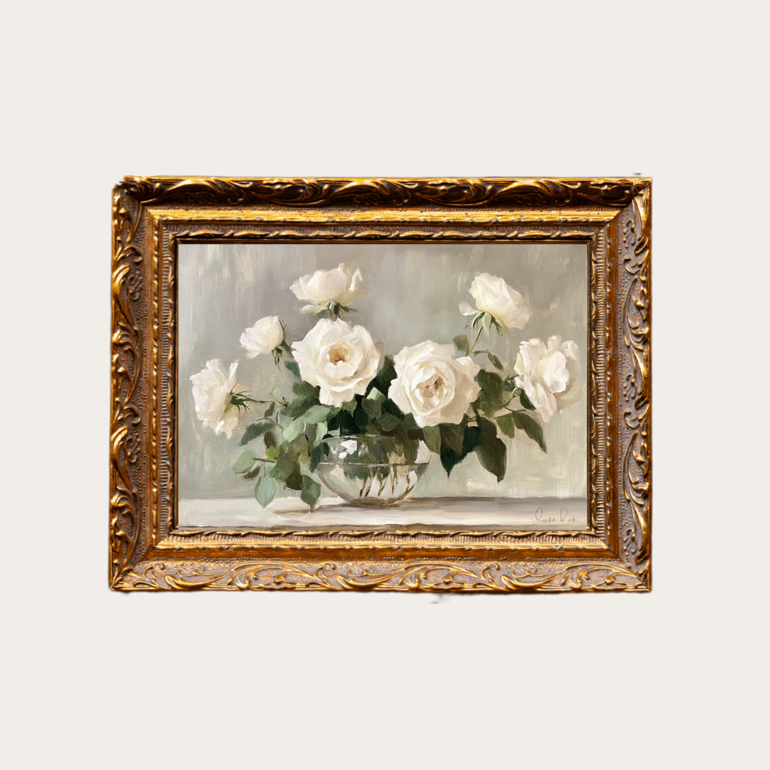 White Rose Bouquet | French Brass Gold Mould Framed Art - Luxe B Co
