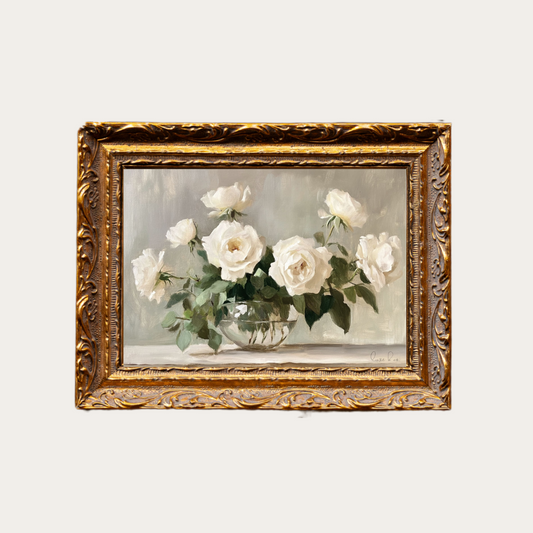 White Rose Bouquet | French Brass Gold Mould Framed Art - Luxe B Co